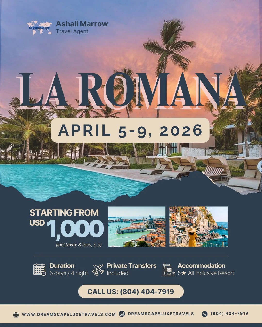 🌊 Caribbean Vibes + Ocean View = Bliss in Punta Cana ☀️🏝
📅 April 5-9, 2026
💵 $1,000 per person (based on double occupancy)
🏨 Superior Room | All Inclusive
✨ This package includes:
✔️ 4 nights of bliss
✔️ Private roundtrip transportation 🚘
✔️ Un