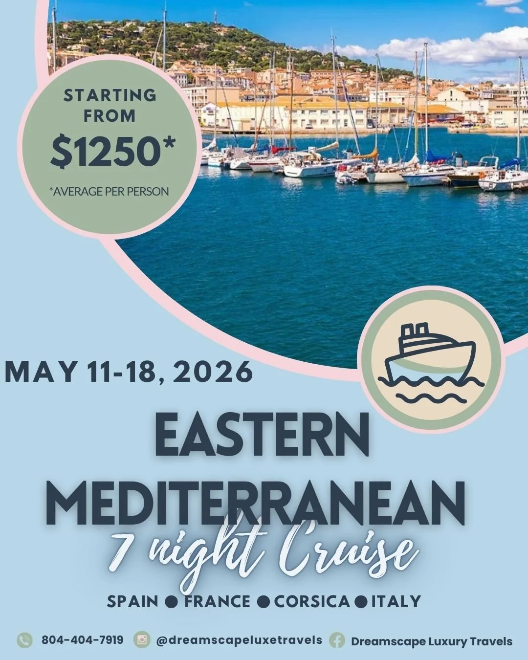 Sail from Barcelona to Italy and France on a 7-night Royal Caribbean cruise aboard Brilliance of the Seas! 🛳💙

Dates: May 11&ndash;18, 2026
Starting at just:
&bull; Interior &ndash; $1,258
&bull; Oceanview &ndash; $1,391
&bull; Balcony &ndash; $1,7