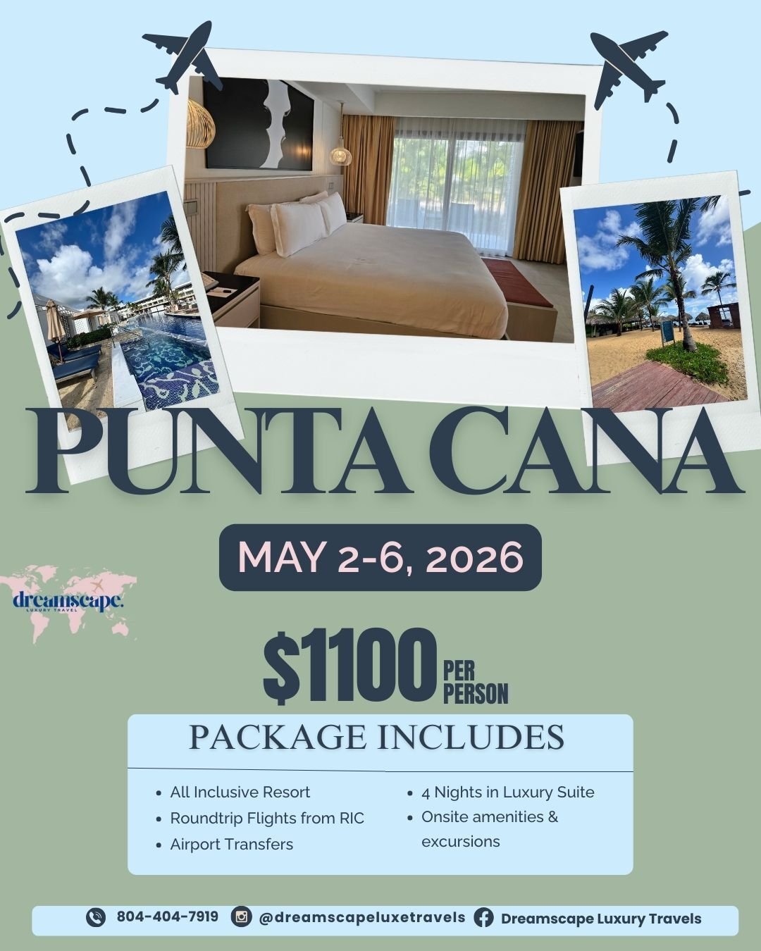 🌊 Adult Vibes + Vibrant Environment = Perfect Getaway ☀️🏝
📅 May 2-6, 2026
💵 $1,100 per person (based on double occupancy)
🏨 Luxury Room | All Inclusive
✨ This package includes:
✔️ Roundtrip flights from RIC
✔️ Private deluxe roundtrip transporta