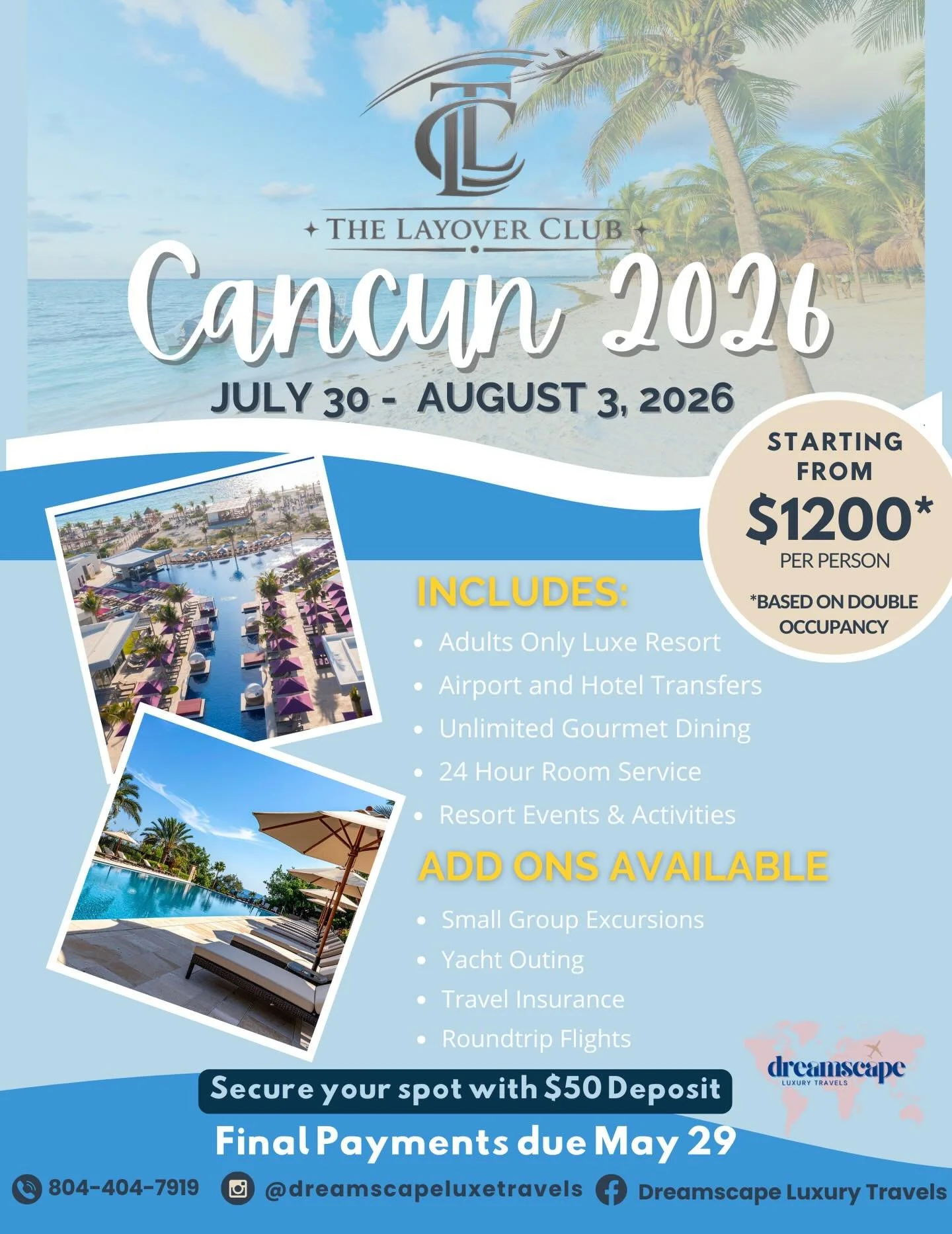 The Layover Club is officially taking off&hellip; and Cancun is our first stop. ✈️🌴

Sun, luxury, and just the right amount of outside. 🌊✨

📍 Cancun, Mexico
🗓 July 30 &ndash; August 3, 2026

Starting at $1200 per person (double occupancy)
✔️ 4 ni