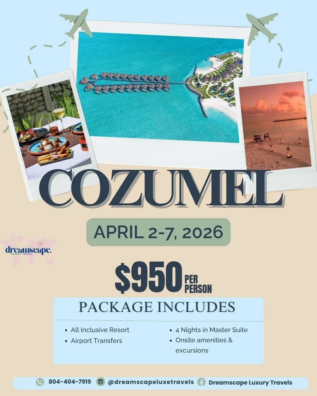 🌊 Beach Vibes + Views of Cozumel = Mexico Perfected ☀️🏝

📅 April 2-7, 2026
💵 $950 per person (based on double occupancy)
🏨 Master King Suite | All Inclusive

✨ This package includes:
✔️ Roundtrip transportation 🚘
✔️ Unlimited dining + drinks 🍹