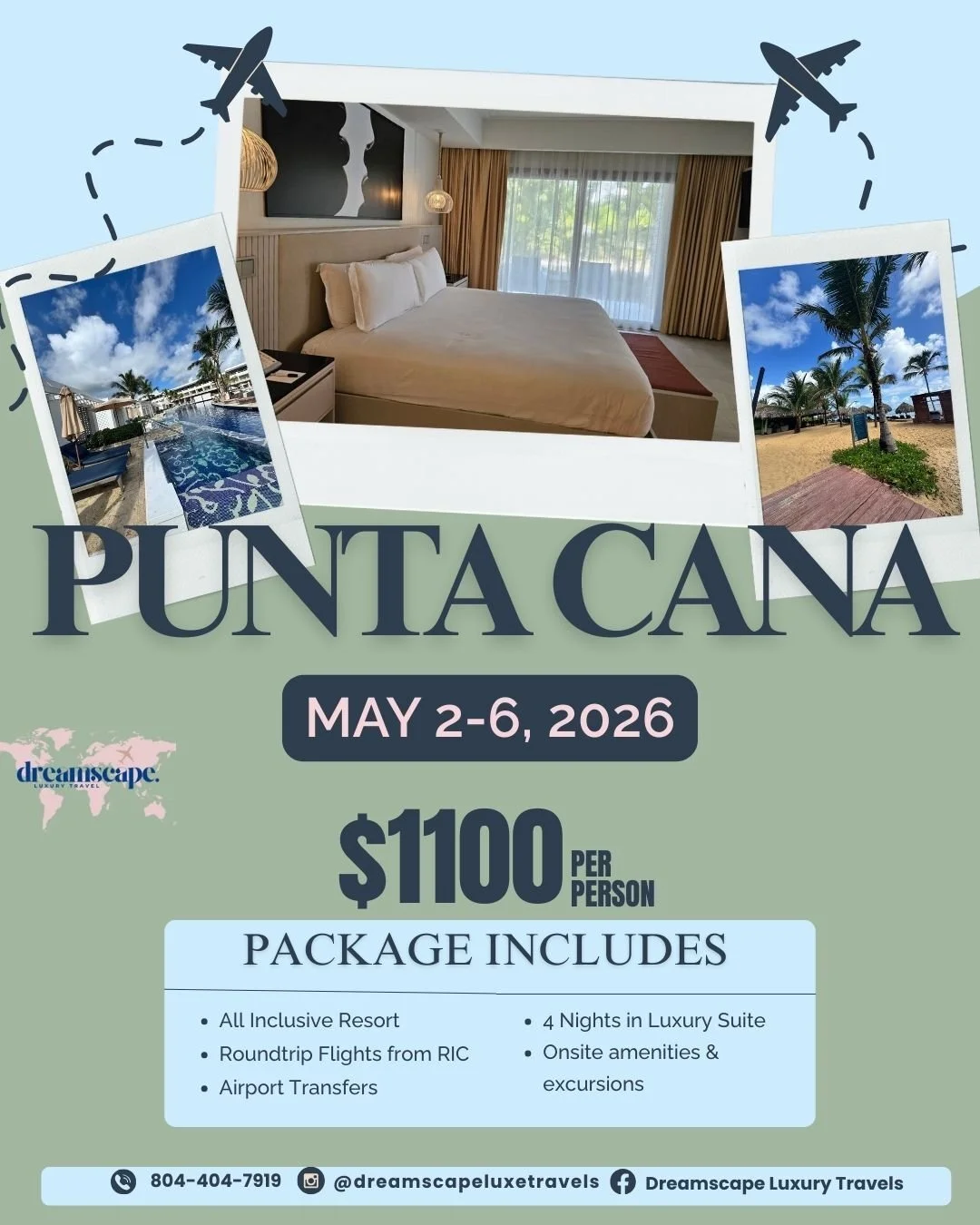 🌊 Adult Vibes + Vibrant Environment = Perfect Getaway ☀️🏝
📅 May 2-6, 2026
💵 $1,100 per person (based on double occupancy)
🏨 Luxury Room | All Inclusive
✨ This package includes:
✔️ Roundtrip flights from RIC
✔️ Private deluxe roundtrip transporta