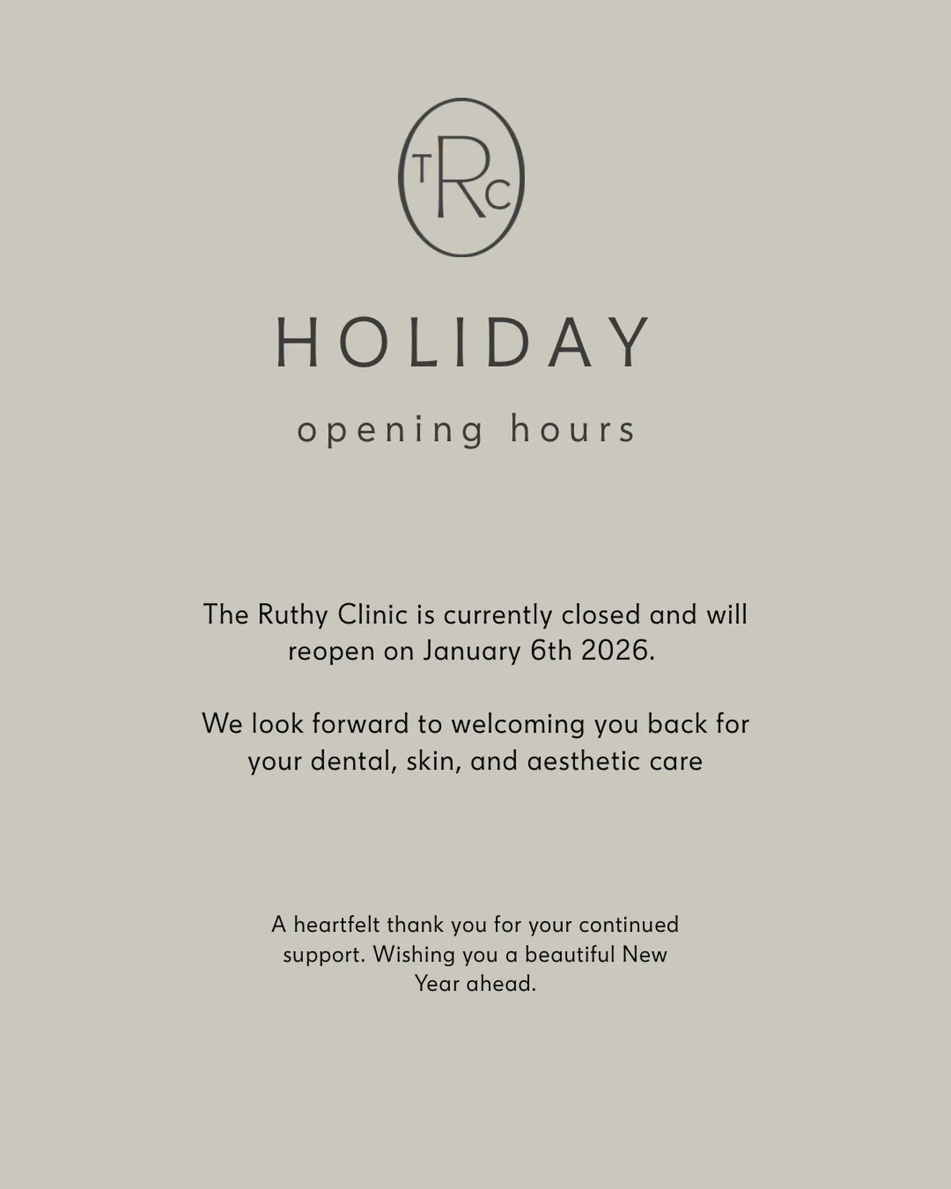 Welcoming the New Year with gratitude. Thank you for trusting The Ruthy Clinic.

Our team is currently taking a well-deserved pause and will return on January 6, 2026.

We wish you and your loved ones a beautiful New Year and look forward to continui