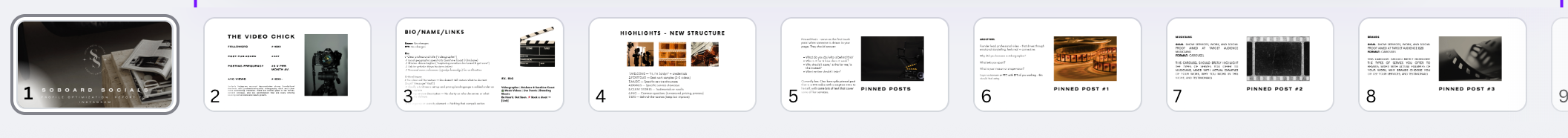 A series of presentation slides about social media management, including topics like video production, bio information, highlights, pinned posts, and social media strategy.