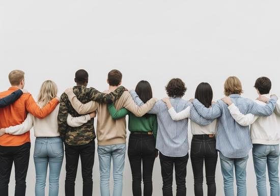 A diverse group of nine young people standing side by side with their arms around each other's shoulders against a plain white background.
