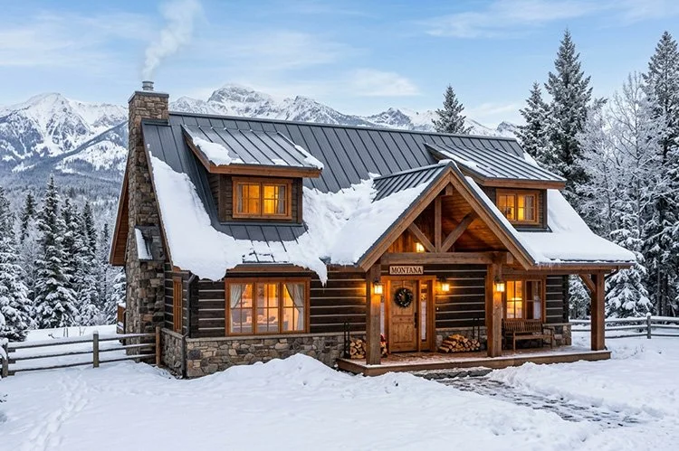 Cozy Montana winter log cabin with a metal roof shedding snow