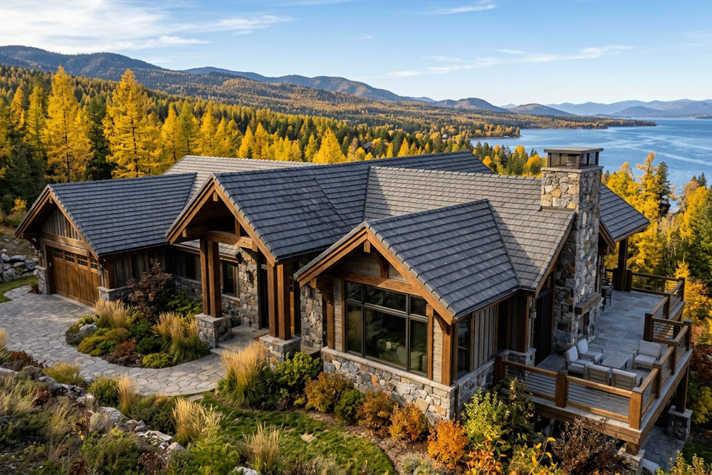 Contemporary mountain-modern home with concrete tile roof near Flathead Lake, Montana