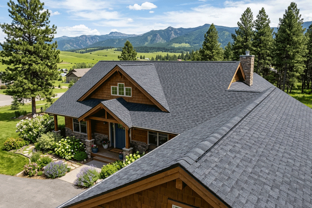 Dark grey architectural asphalt shingle roof on a suburban Montana home