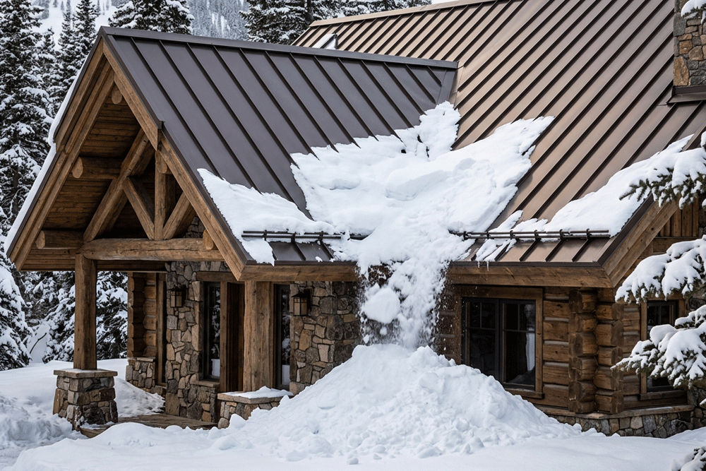 Snow-covered Montana cabin with dark metal roof in winter