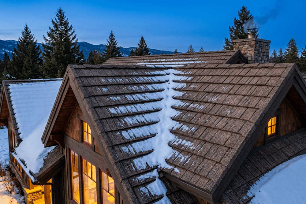 Textured wood shake alternative stone-coated steel roof in Montana