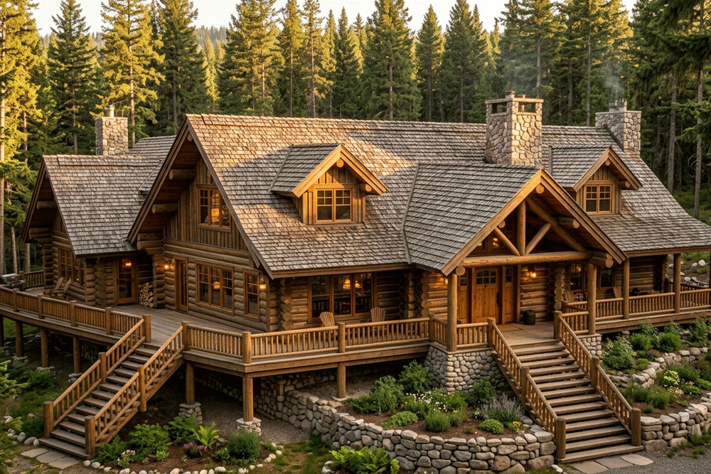 Large rustic log home with a cedar shake roof in a Montana pine forest
