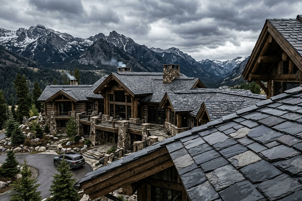 Montana mountain estate featuring a heavy, natural black slate stone roof