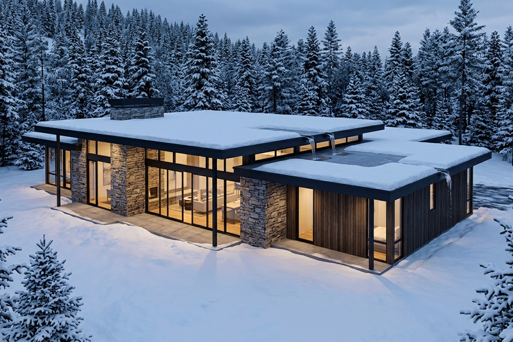 Modern flat-roof architectural home in winter snow in Montana