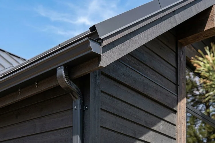 Close-up of a modern rustic home exterior featuring dark wood siding, a metal roof, and rain gutters