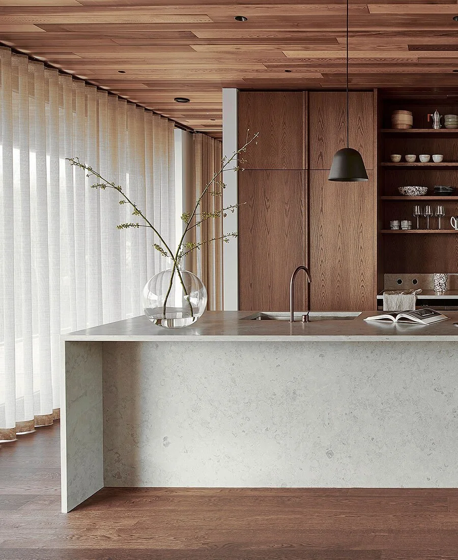 Wood kitchen with limestone