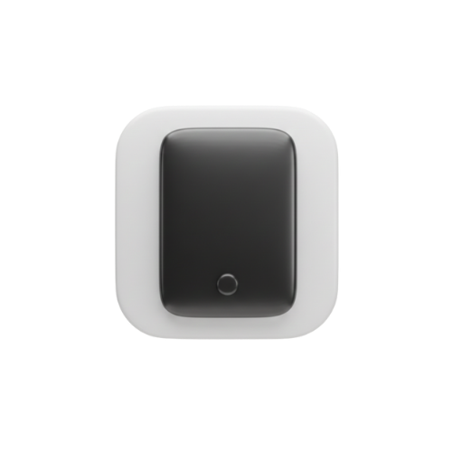 A wall-mounted black and white light switch or button.