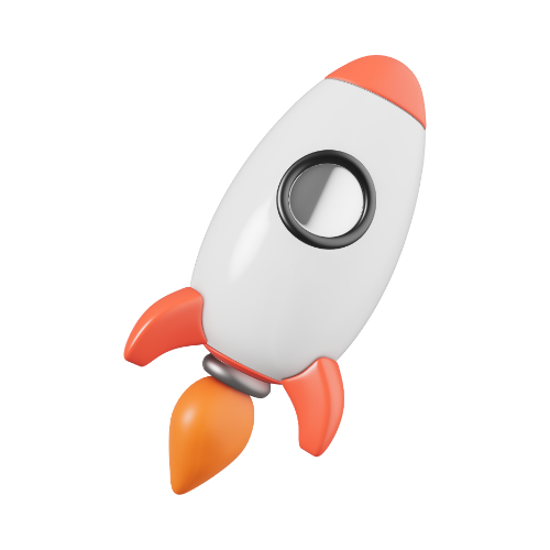 A small toy rocket with a white body, orange nose cone, and orange fins, positioned upright next to a purple rectangular block.