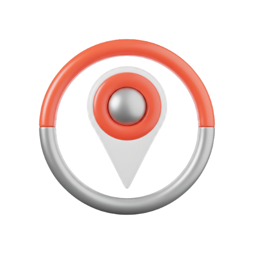 A map pin icon with a circular ring around it, featuring a red top half and a gray bottom half, indicating location or navigation.