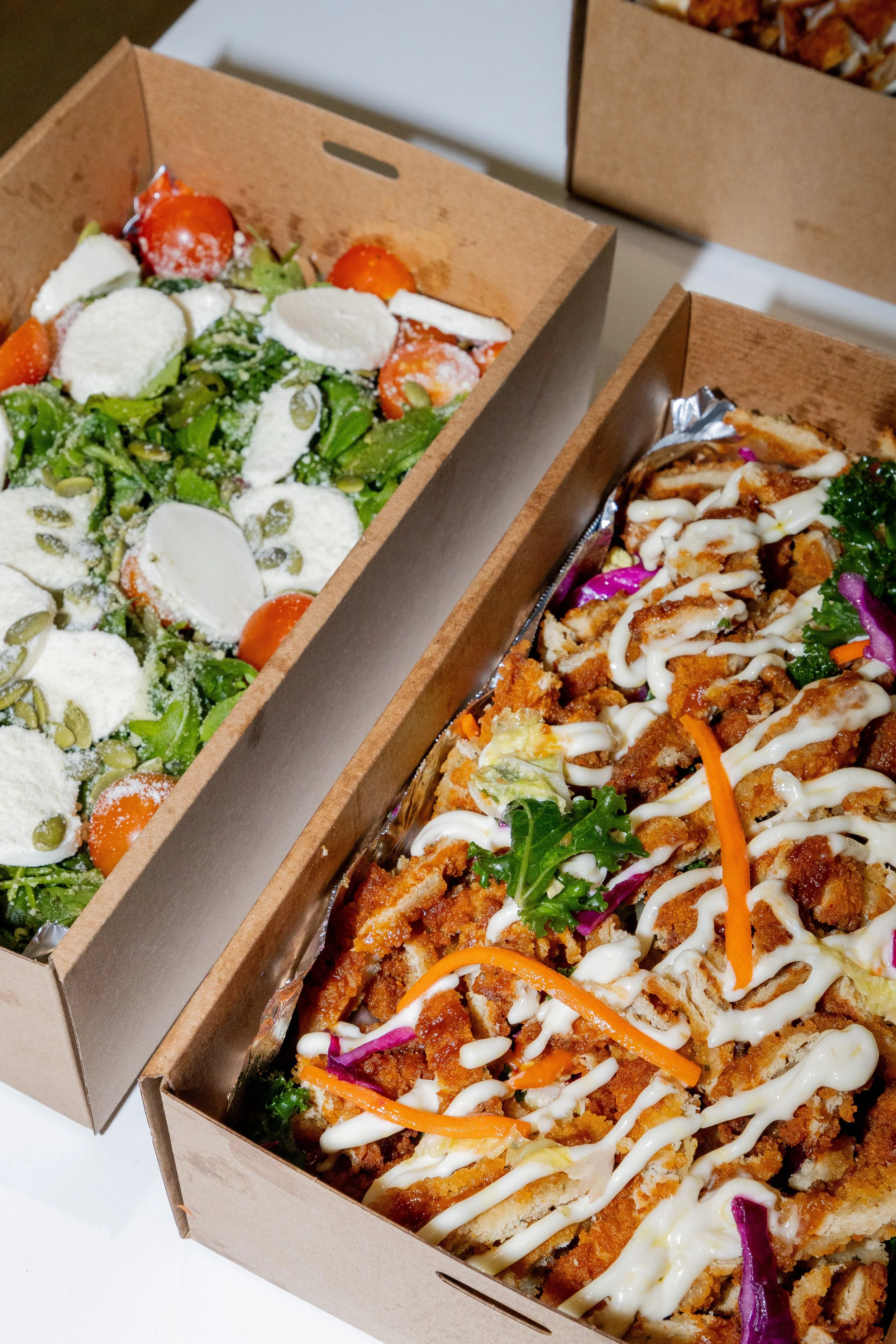 Two open cardboard boxes, one with a fresh salad topped with cherry tomatoes, cucumbers, cheese, and seeds, the other with crispy fried chicken strips drizzled with white sauce and garnished with vegetables.
