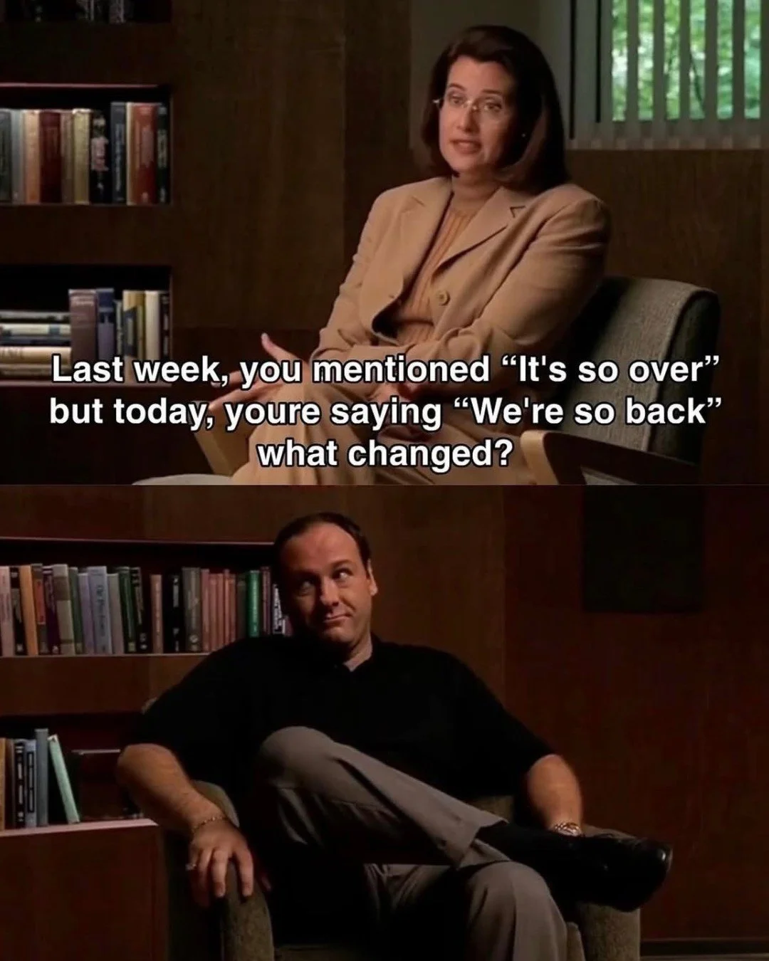 Me explaining that yesterday&rsquo;s despair and today&rsquo;s whimsy are both deeply authentic experiences. 

--
#normanok #therapymeme #sopranos #mentalhealthmatters