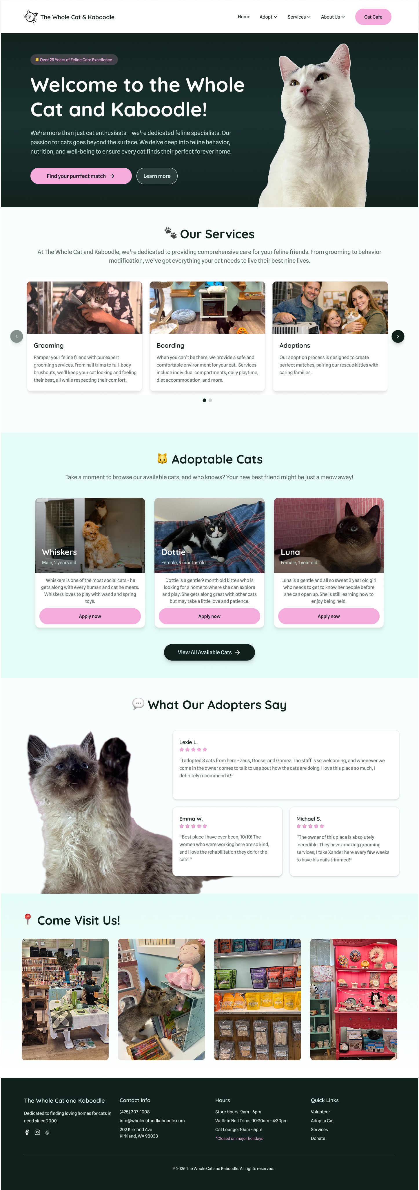 Homepage of The Whole Cat and Kaboodle featuring a large cat and sections about services, adoptable cats, customer reviews, and store photos.
