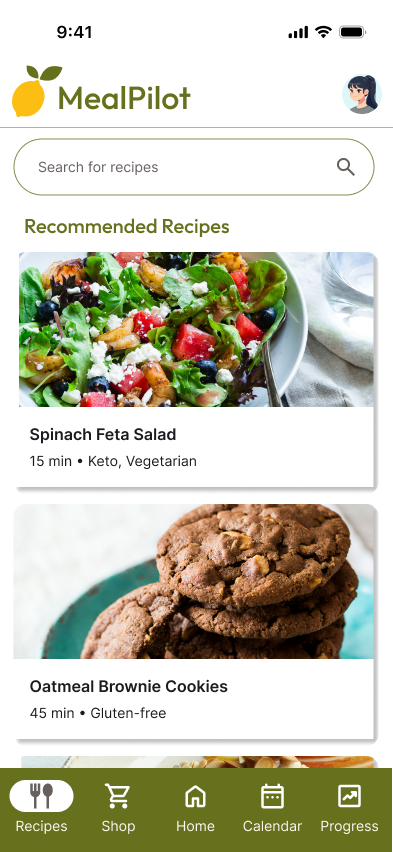 Screenshot of the MealPilot mobile app showing recommended recipes, including a Spinach Feta Salad and Oatmeal Brownie Cookies.