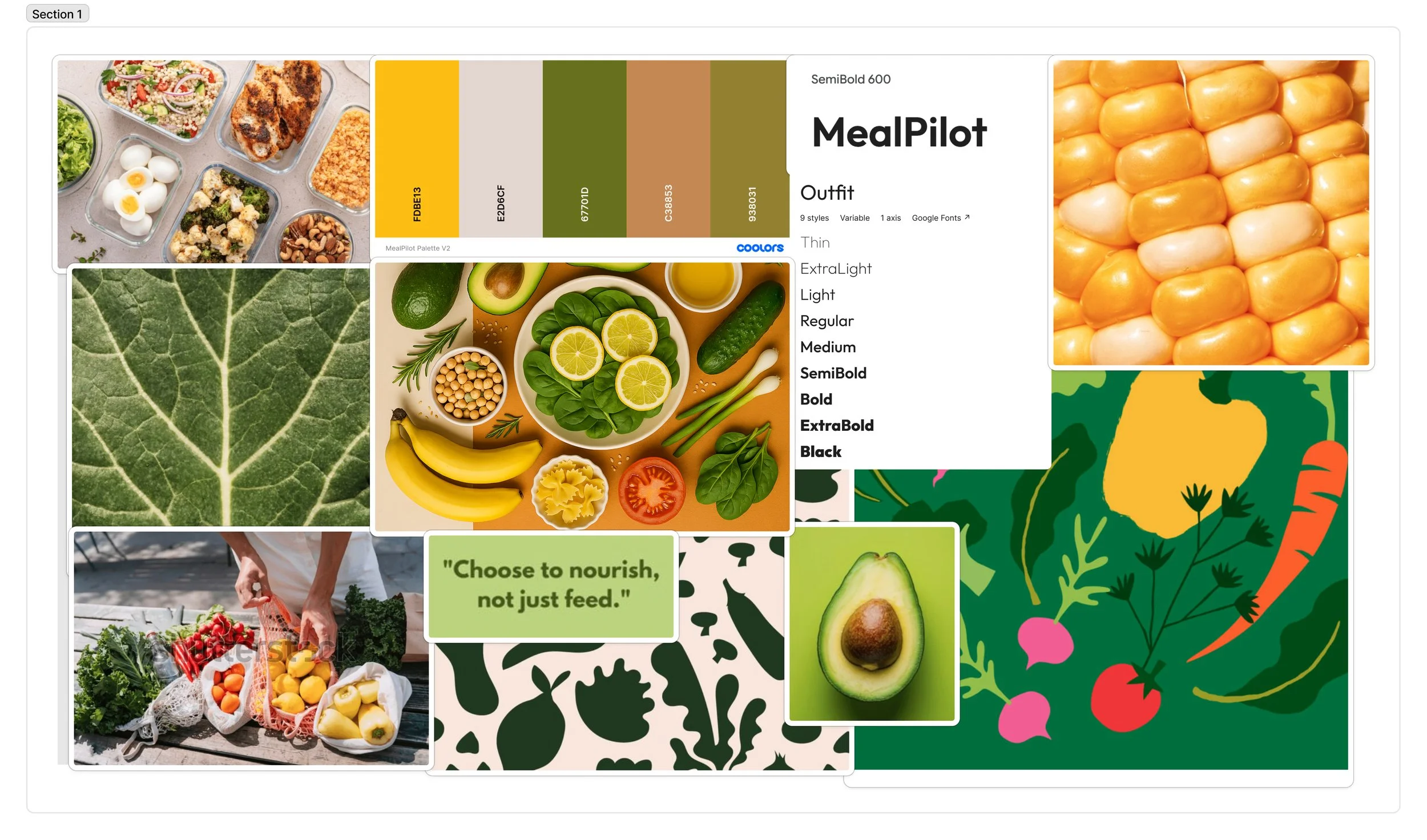 A variety of images including fresh fruits, vegetables, meal preparation, with a color scheme of bright yellows and greens.