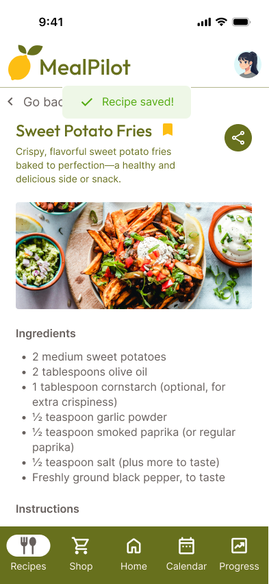 A smartphone screen displaying the MealPilot app with a recipe for sweet potato fries. The screen shows a photo of sweet potato fries garnished with herbs, surrounded by small bowls of dips and sauces. The app interface includes ingredients, instructions, and navigation icons at the bottom.