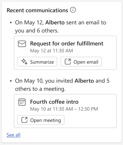 Screenshot of recent communications showing an email sent by Alberto on May 12 at 11:30 AM and a meeting invitation from May 10 at 11:30 AM to 12:30 PM.