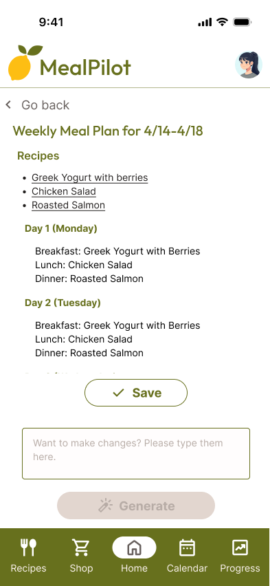 Screenshot of the MealPilot app showing a weekly meal plan from April 14 to April 18, including recipes for Greek Yogurt with Berries, Chicken Salad, and Roasted Salmon. The plan repeats some meals for different days, and there are navigation icons at the bottom for recipes, shop, home, calendar, and progress.