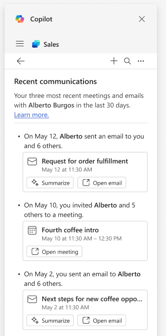 Screenshot of a digital communication platform showing recent messages and email exchanges with Alberto Burgos regarding coffee meetings and order fulfillment.