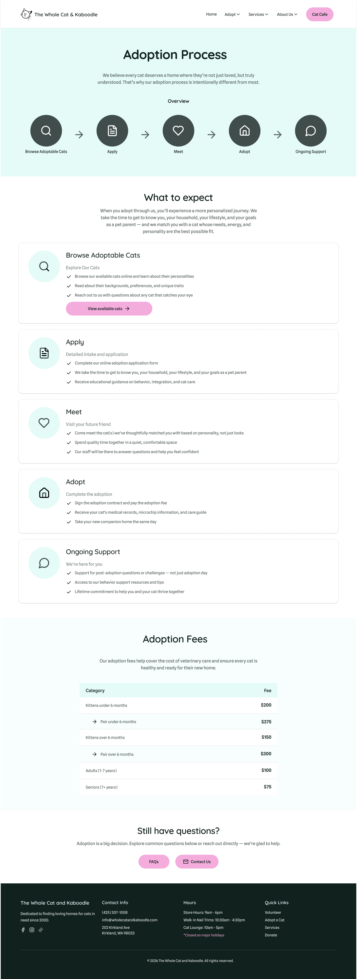 Screenshot of an adoption process webpage for The Whole Cat and Kabooodle, explaining steps to adopt a cat including browsing cats, applying, meeting, adopting, and ongoing support, with fee information at the bottom.