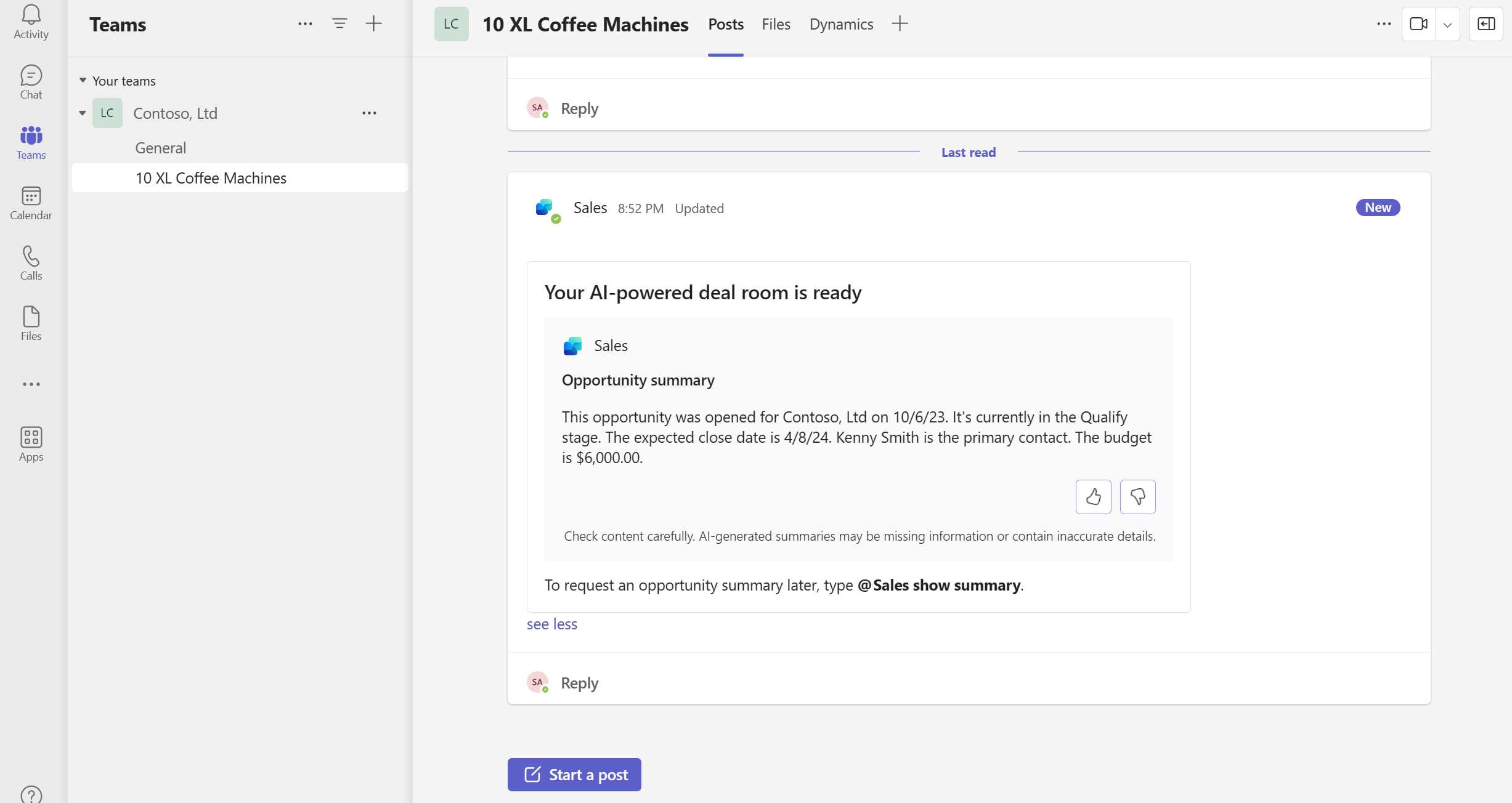 Screenshot of a Microsoft Teams channel named '10 XL Coffee Machines' showing a conversation about an opportunity summary for a deal with Contoso, Ltd, including details about the dates, contacts, budget, and a message about AI-generated summaries.