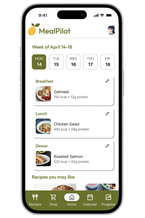Meal planning app on smartphone showing weekly meal schedule with breakfast oatmeal, lunch chicken salad, and dinner roasted salmon, along with navigation icons.