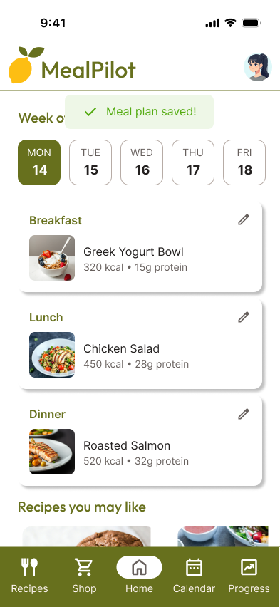 MealPilot app screen showing weekly meal plan for Monday the 14th with breakfast Greek yogurt bowl, lunch chicken salad, dinner roasted salmon, and recommendations for similar recipes.
