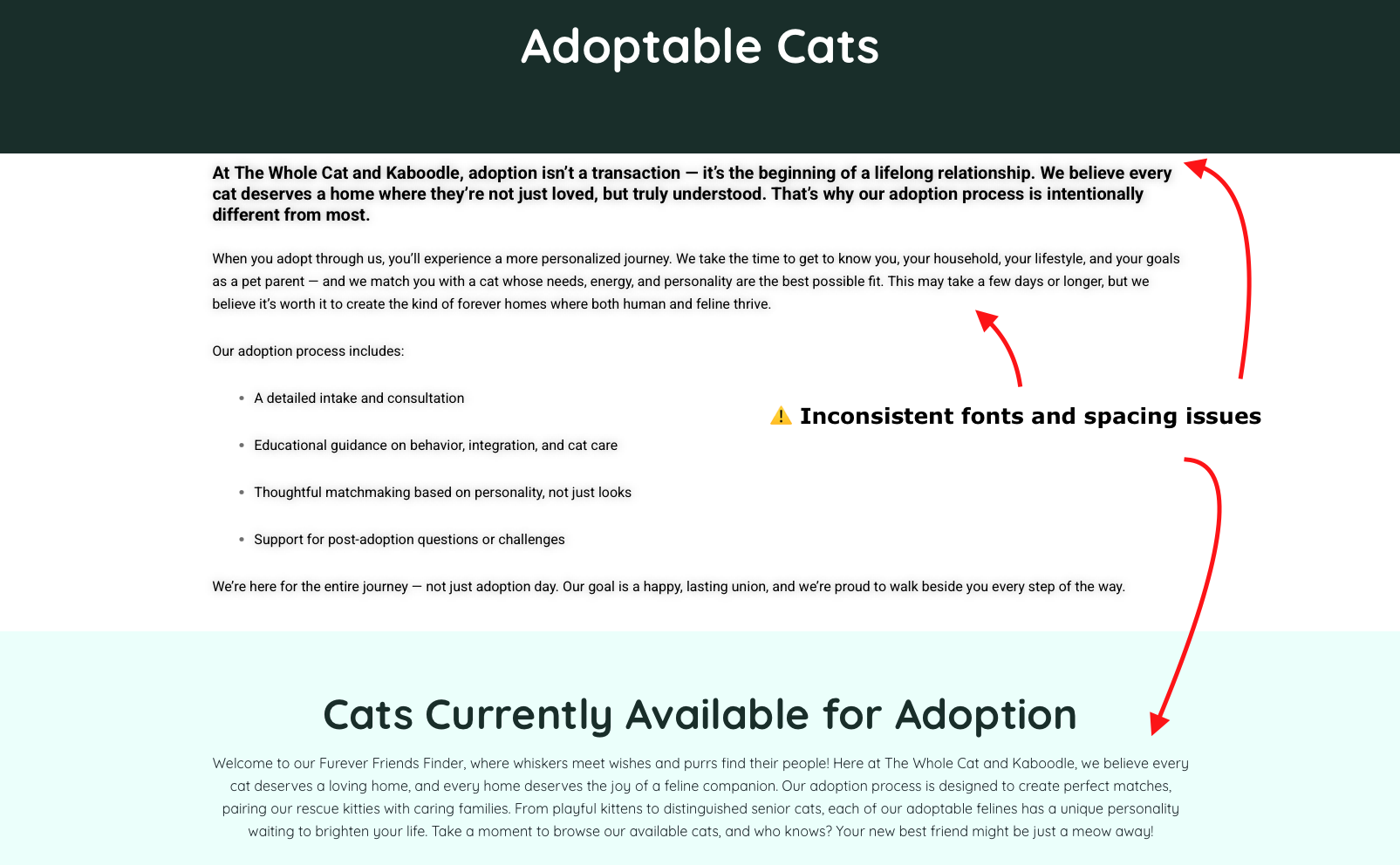 Inconsistent fonts and spacing issues on website.