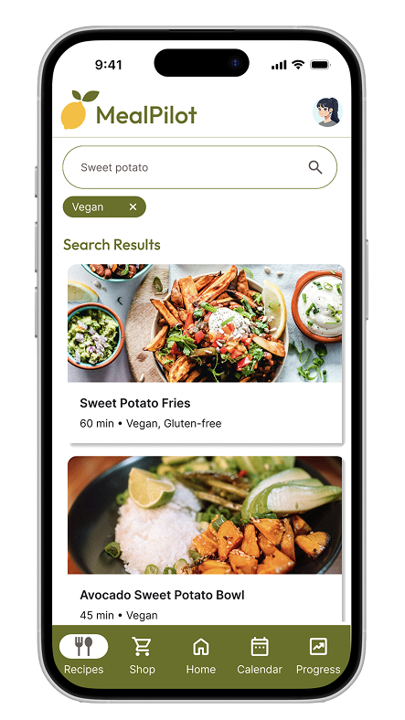 Mobile phone screen displaying the MealPilot app showing vegan sweet potato recipes, including sweet potato fries and avocado sweet potato bowl, with navigation icons at the bottom.