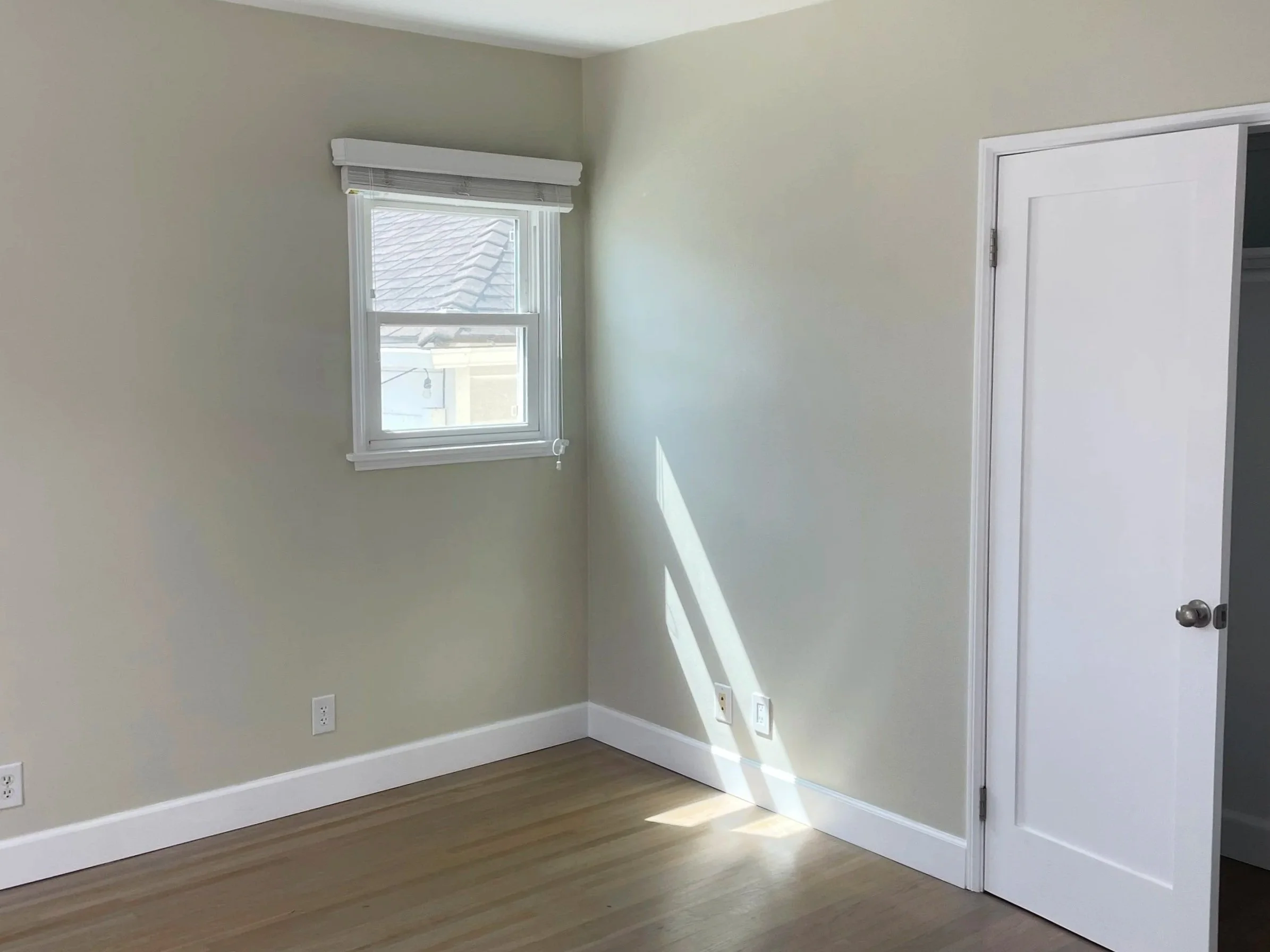 Empty room with light green walls, a window with blinds, a white door, hardwood flooring, and multiple electrical outlets.