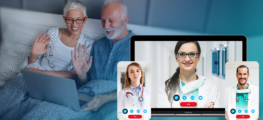 A senior couple on a video call with healthcare professionals