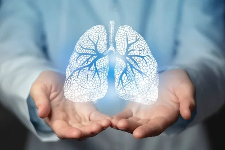 Person holding out hands with a digital illustration of lungs with bronchial tubes and alveoli in front.