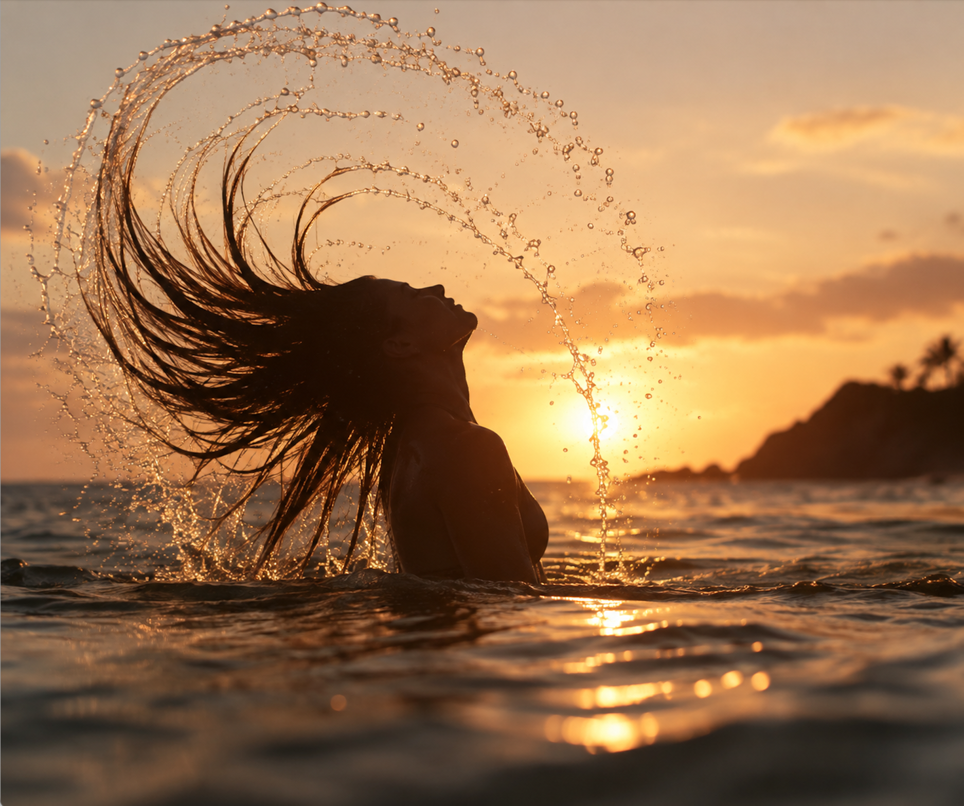 Woman flipping long wet hair in the ocean at sunset Akira Professional Haircare
