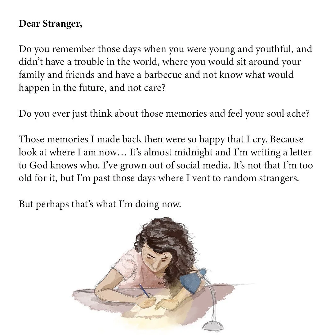 &ldquo;Do you ever just think about those memories and feel your soul ache?&rdquo; 
&bull;
&bull;
&bull;
&bull;
#stranger #writing #writingcommunity #artofinstagram #compassion #strangers #letter #memories #midnight #childhood #stories #nostalgia #ha