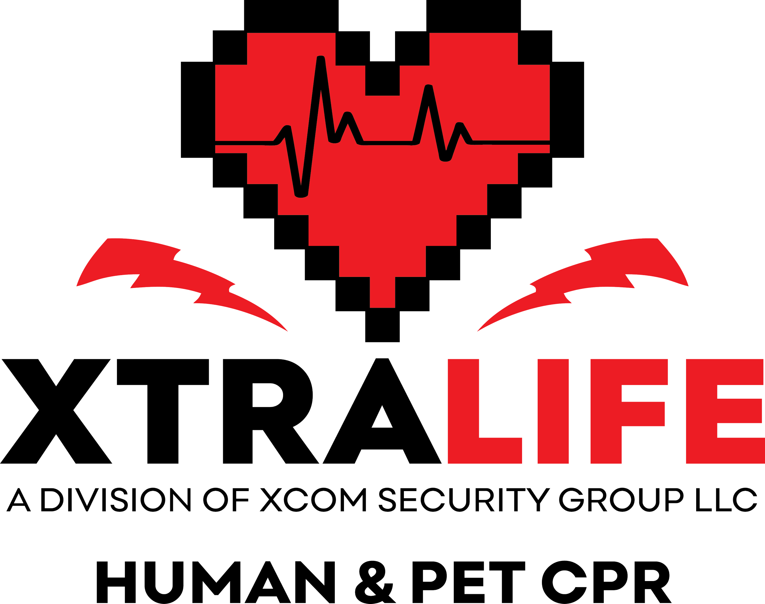 Logo for Xtra Life, a division of Xcom Security Group LLC, featuring a red heart with a black electrocardiogram line, red wings, and text indicating human and pet CPR awareness.
