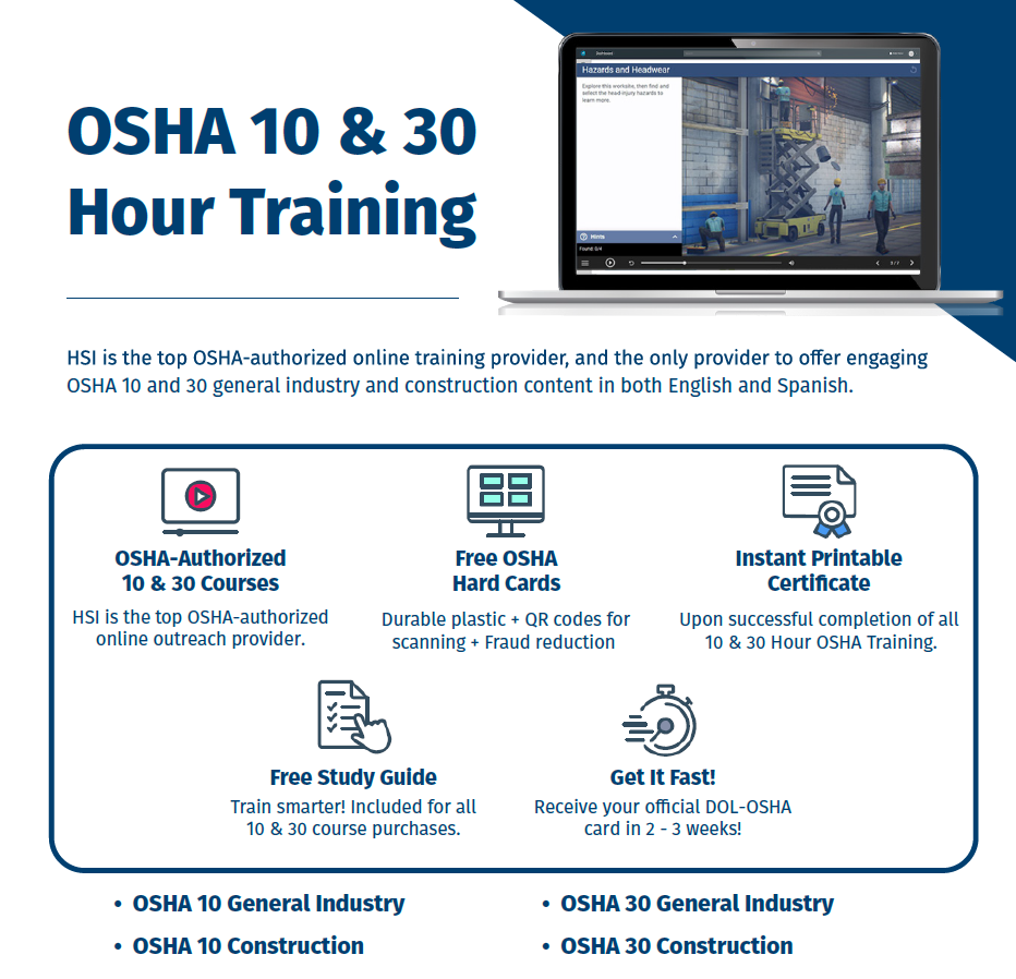 OSHA 10/30 hour classes English and Spanish