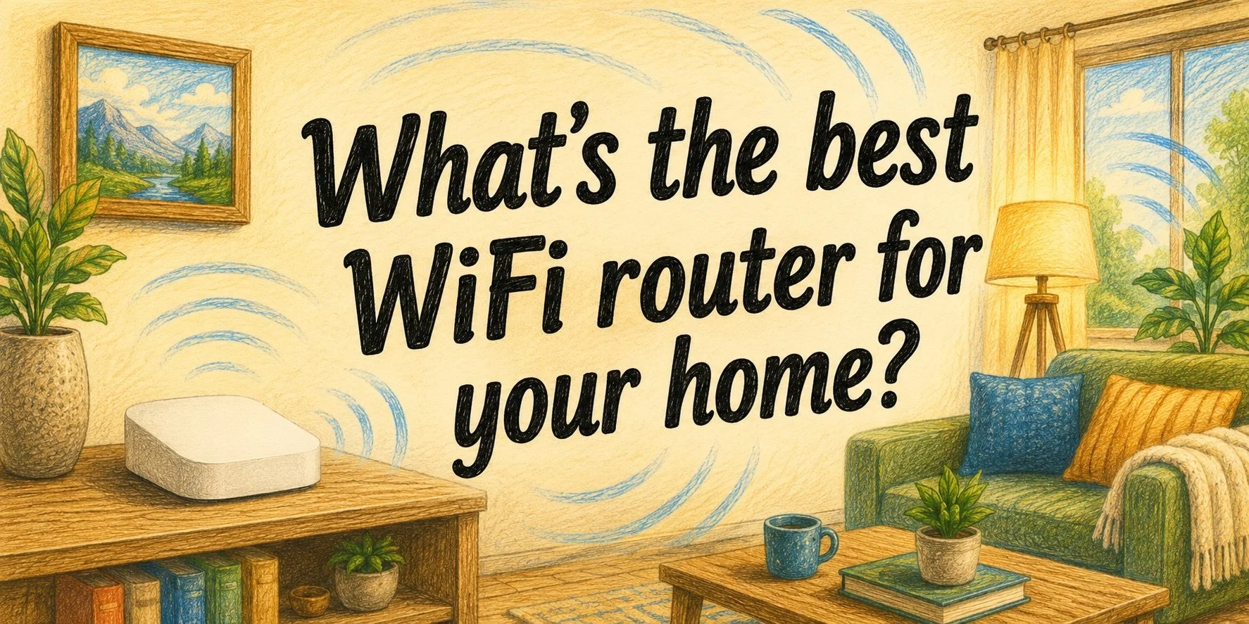 A colored pencil sketch of a living room with a white wifi router on a table. The caption reads "What's the best WiFi router for your home?"