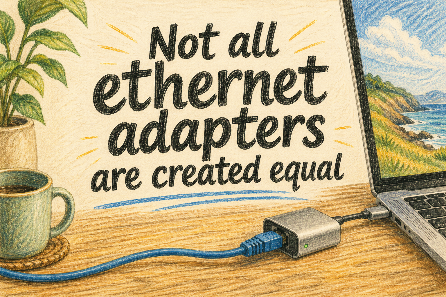 A colored pencil illustration of a MacBook on a wooden desk with an ethernet cable and adapter, with the post title hand-lettered across the center.