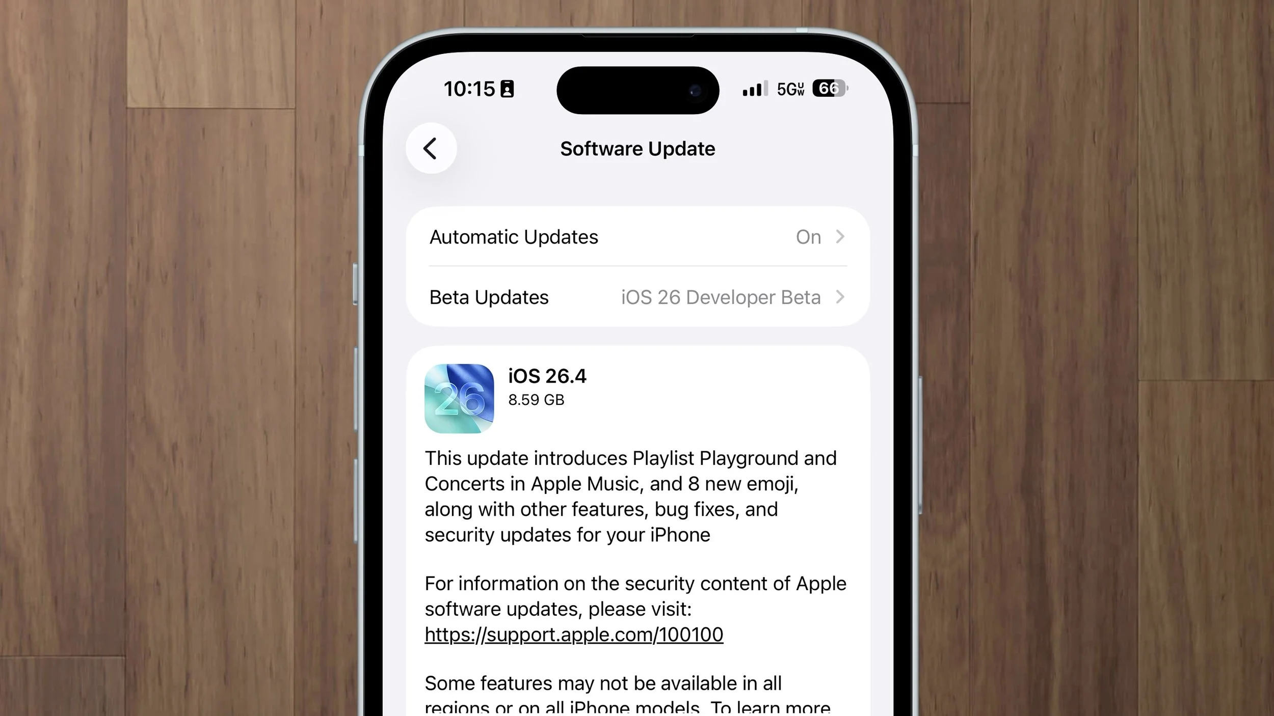 Screenshot showing the iOS 26.4 update screen.