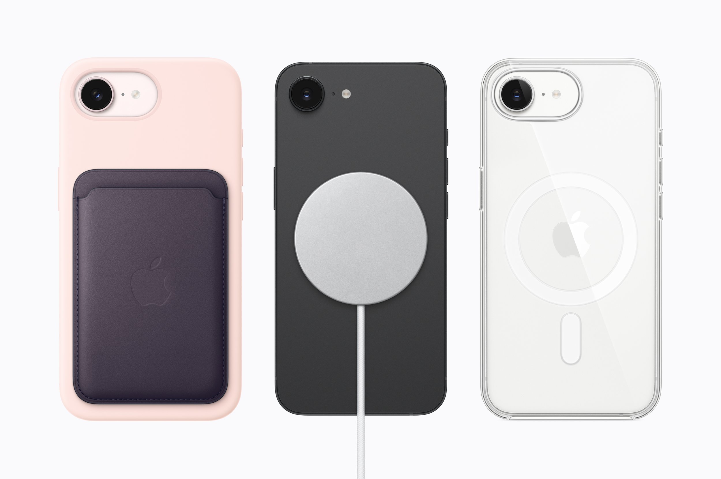 A stock image of all three colors of iPhone 17e, attached to various MagSafe accessories