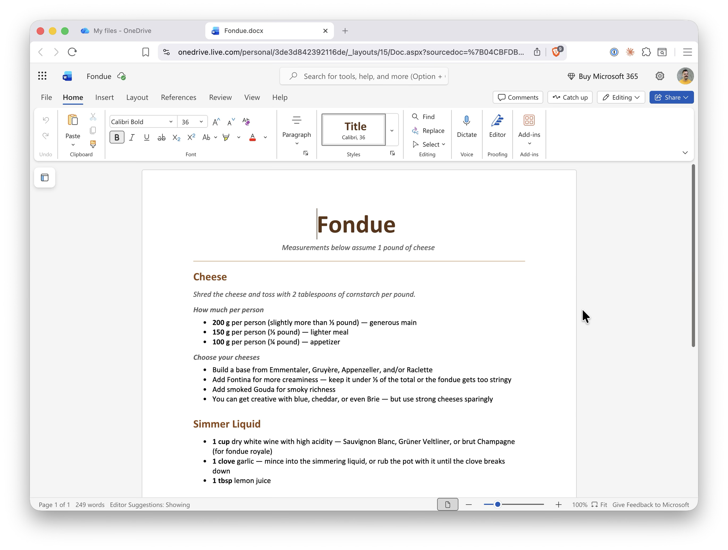 A screenshot of Microsoft Office.com editing a Fondue recipe