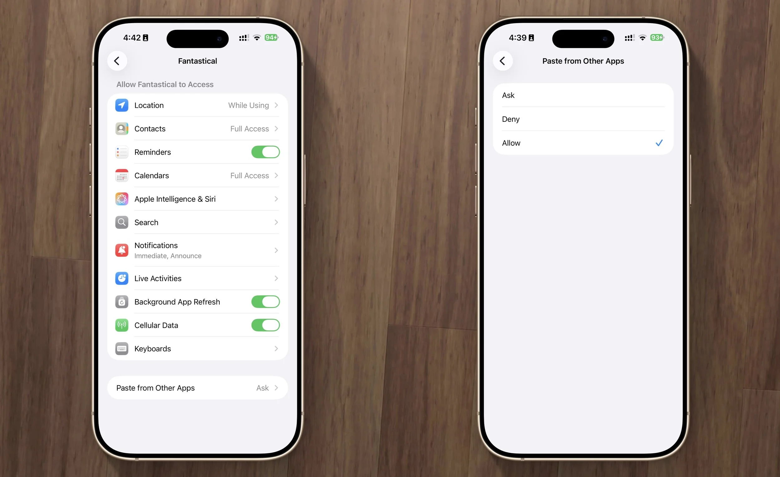 Two iPhone screenshots showing the location of the setting to Paste from Other Apps